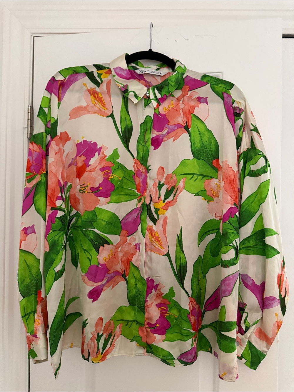Zara Cream Blouse with Green Leaves and Pink-Orange Floral Print